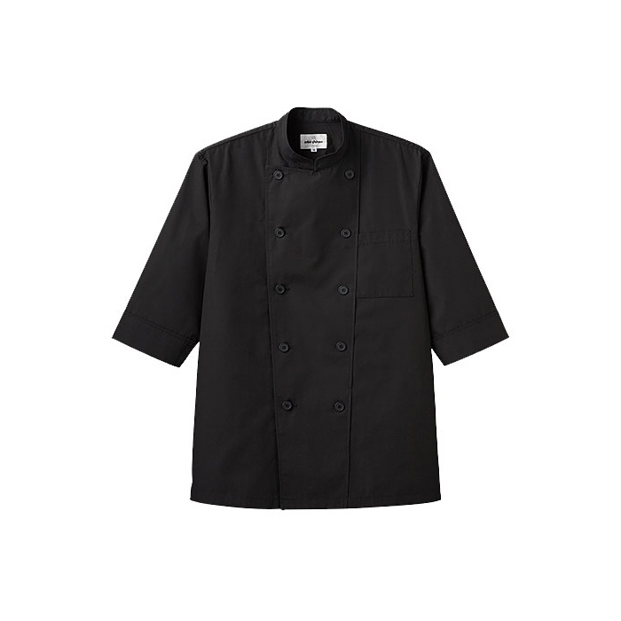 七分袖スタンドカラーコックシャツ：ブラック（黒）